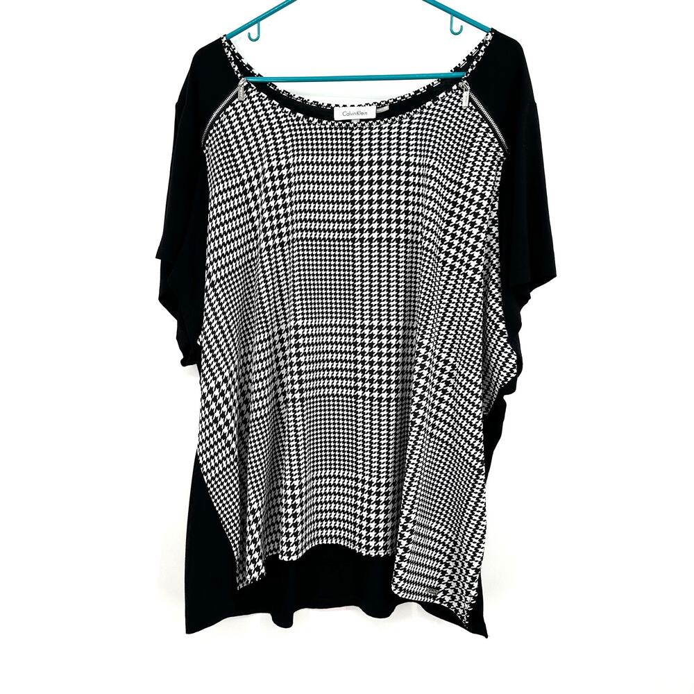 Calvin Klein Size 3X Blouse Black White Houndstooth Plaid Short Sleeve Workwear‎